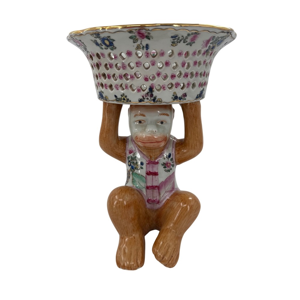 Vintage Oriental Ceramic Chinoiserie Monkey Flower Basket Bowl Reticulated